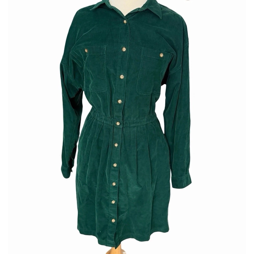 Vtg Eddie Bauer Corduroy Midi Dress Size XL Green Button‎ Cottage Prairie Modest